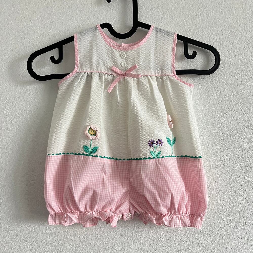 Vintage Baby Girl Seersucker Pink Check Bubble Romper Floral Embroidery 0-3 Mo